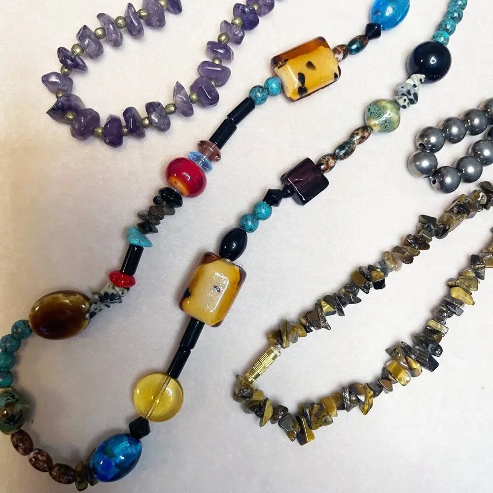 Vintage Beaded Necklace Lot 4 | Amethyst Tiger Eye Stone Silver Tone Statement